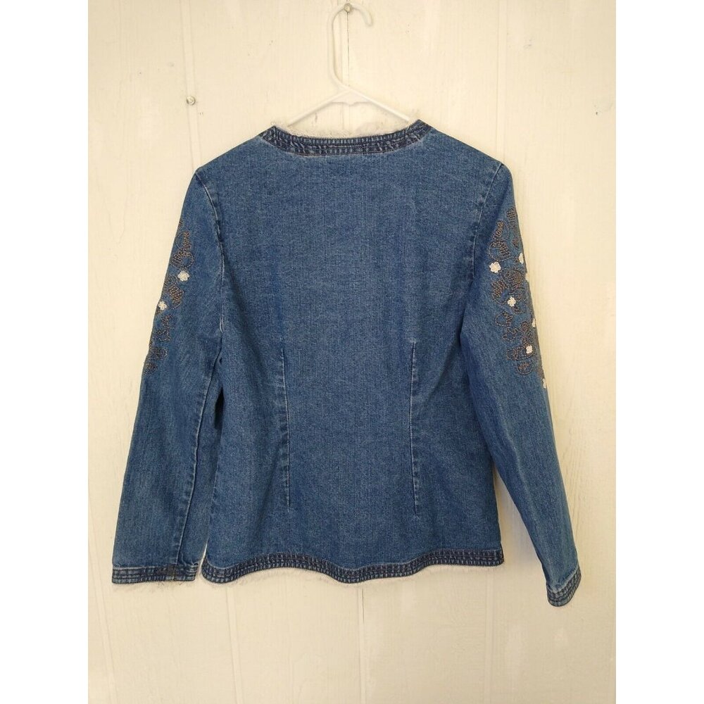Wrangler Women's Vintage Blue Jean Denim Open Blazer Jacket Fringe Sz Small - Picture 4 of 4